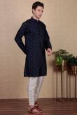 Navy Blue Dupion Silk Embroidered Straight Cut Men's Kurta Pajama