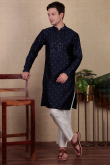 Navy Blue Dupion Silk Embroidered Straight Cut Men's Kurta Pajama