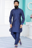 Navy Blue Pathani Dupion Silk Men Kurta Pajama for Wedding 