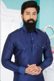 Navy Blue Pathani Dupion Silk Men Kurta Pajama for Wedding 