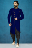 Navy Blue Sherwani with Beads, Cutdana & Stone Collar Work