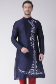 Dupion Silk Men Kurta with Resham Work in Navy Blue for Wedding 