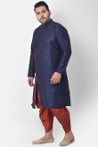 Navy Blue Dupion Silk Side Slit Men Kurta With Dhoti 