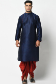 Navy Blue Dupion Silk Straight Cut Men Kurta With Dhoti