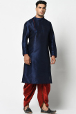 Navy Blue Dupion Silk Straight Cut Men Kurta With Dhoti