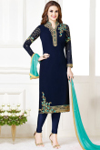 Navy Blue Georgette Churidar Suit With Resham Work