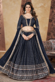 Navy Blue Georgette Foil Print Flared Style Lehenga For Sangeet 