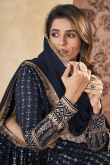 Navy Blue Georgette Foil Print Flared Style Lehenga For Sangeet 
