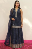 Navy Blue Georgette Sequins Embroidered Flared Style Lehenga