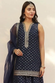 Navy Blue Georgette Sequins Embroidered Flared Style Lehenga