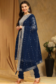Navy Blue Georgette Zari Embroidered Straight Cut Suit
