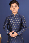 Elegant Navy Blue Jacquard Churidar Sherwani for Kids