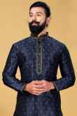 Navy Blue Jacquard Churidar Men Kurta 