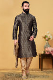 Navy Blue Jacquard Churidar Men Kurta for Wedding & Party