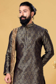 Navy Blue Jacquard Churidar Men Kurta for Wedding & Party