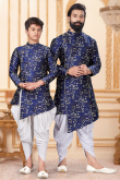 Navy Blue Jacquard Father Son Matching Sherwani