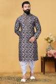 Navy Blue Jacquard Men Kurta With Dhoti