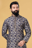 Navy Blue Jacquard Men Kurta With Dhoti
