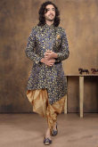 Navy Blue Jacquard Woven Men Sherwani