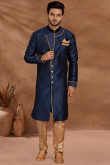 Navy Blue Jacquard Woven Men's Sherwani