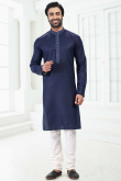 Men Kurta in Navy Blue Linen for Wedding Wear with Lace Work
