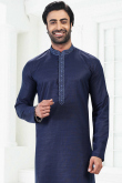 Men Kurta in Navy Blue Linen for Wedding Wear with Lace Work