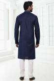 Men Kurta in Navy Blue Linen for Wedding Wear with Lace Work