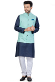 Plain Navy Blue Linen Kurta Set with Jacket and Full Sleeves