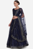 Net Navy Blue Thread Embroidered Lehenga for Party 