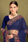 Navy Blue Net Embroidered Light Weight Saree 