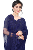 Wedding Wear Thread Embroidered Navy Blue Saree in Net
