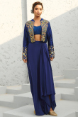 Navy Blue Raw Silk Dhoti Lehenga with Zardosi Work for Cocktail Parties