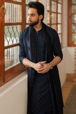 Navy Blue Raw Silk Embroidered Men's Kurta Pajama