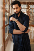 Navy Blue Raw Silk Embroidered Men's Kurta Pajama