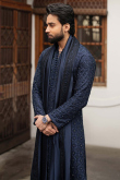 Navy Blue Raw Silk Embroidered Men's Kurta Pajama