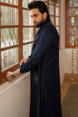 Navy Blue Raw Silk Embroidered Men's Kurta Pajama
