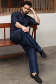 Navy Blue Raw Silk Embroidered Men's Kurta Pajama