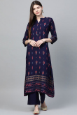 Navy Blue Rayon A-Line Printed Kurti