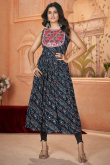 Navy Blue Rayon Bandhej Print Ready to Wear Casual Wear Kurti