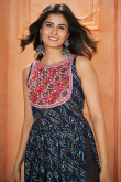Navy Blue Rayon Bandhej Print Ready to Wear Casual Wear Kurti