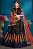 Navy Blue Satin Embroidered Panelled Lehenga