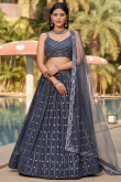 Navy Blue Sequins Embroidered Georgette Lehenga For Sangeet 