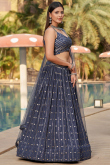 Navy Blue Sequins Embroidered Georgette Lehenga For Sangeet 