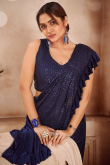 Navy Blue Sequins Embroidered Ready to Wear Lycra Ruffle Saree