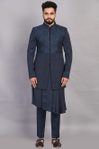 Navy Blue Silk Embroidered Jacket Style Men Kurta Pajama