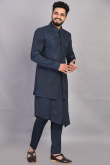 Navy Blue Silk Embroidered Jacket Style Men Kurta Pajama