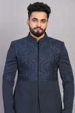 Navy Blue Silk Embroidered Jacket Style Men Kurta Pajama