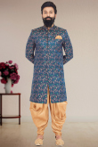 Navy Blue Silk Embroidered Men's Sherwani