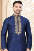 Navy Blue Silk Embroidered Straight Cut Men's Kurta Pajama