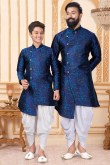Navy Blue Silk Father-Son Duo Sherwani With Dhoti